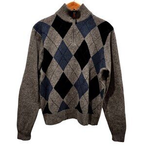 J Crew Argyle 1/4 Zip Wool Sweater, Gray Blue, XL